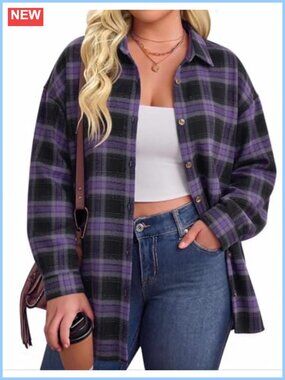Plus Size Flannel Shirt Long Sleeve Plaid Button Down Oversized